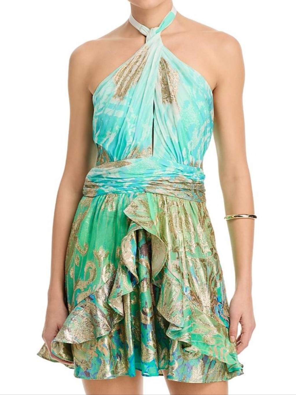 Ramy Brook Reuben Green And Turquoise One-Shoulder Ruffled Mini Dress